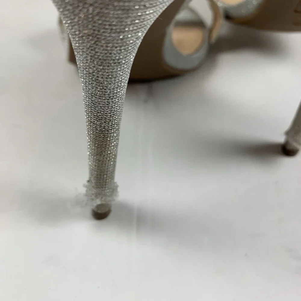 True Religion Braelynn Ankle Wrap Dress Heels 7.5M Jewel Embellished Silver 7963